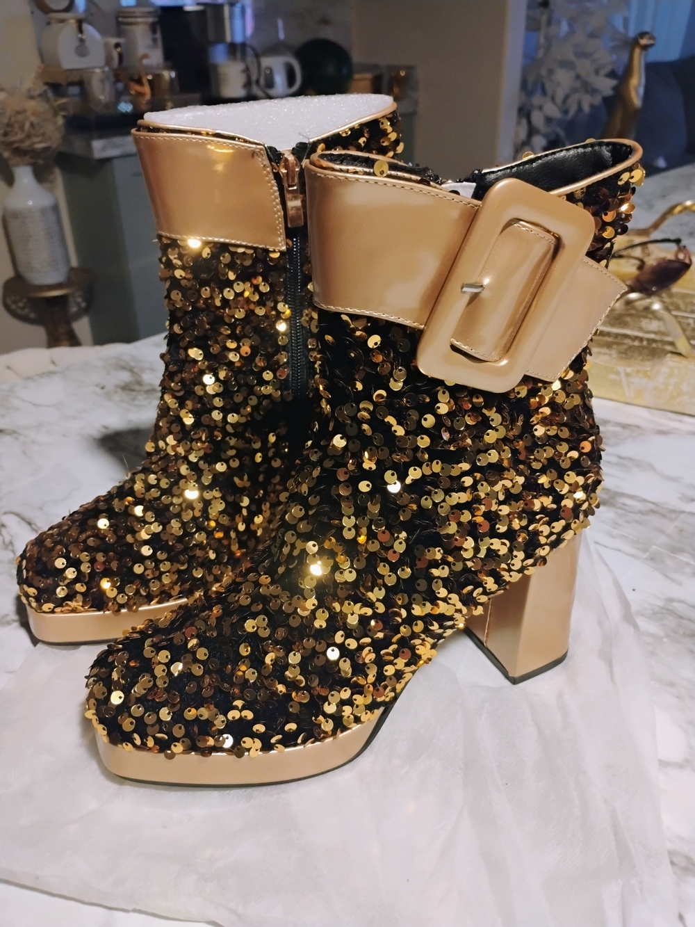 SHEIN Gold Sequin Buckle Block Heel Ankle Boots